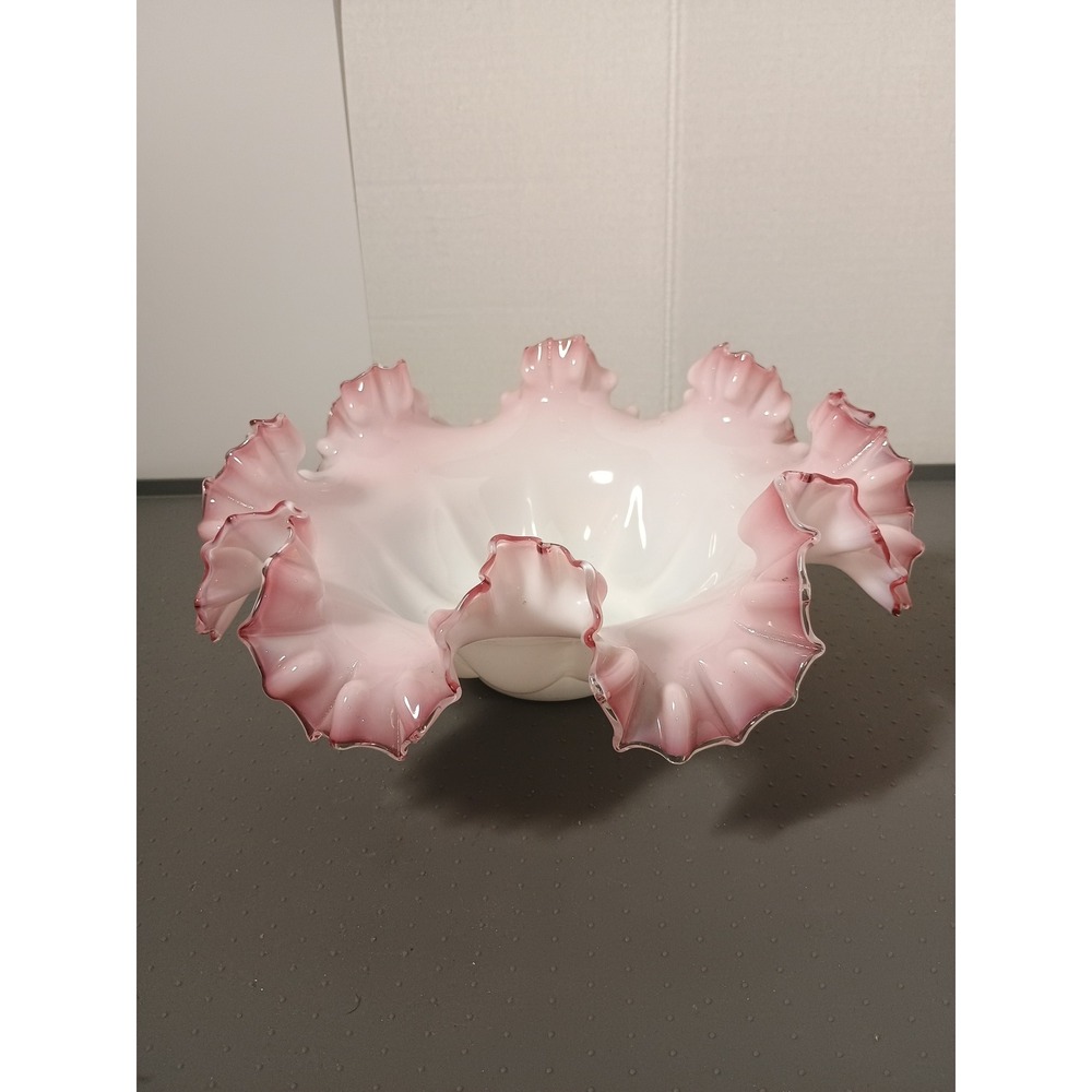 Fenton Style Ruffled Bowl Vintage Large 10.5in Pink Milk Glass Excellent Crest